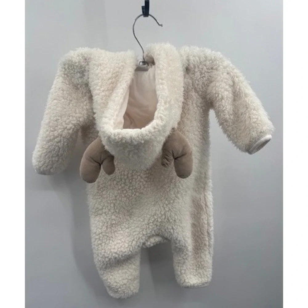 Pottery Barn Kids Ivory Reindeer Sherpa One-Piece Fleece SZ 6-12mo Holiday Cozy